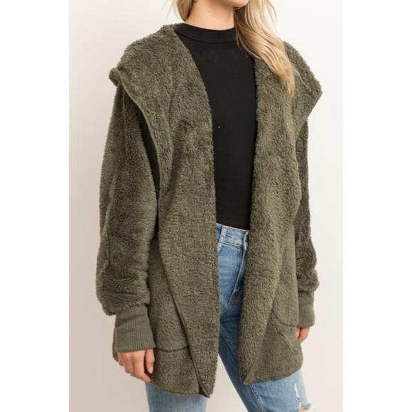 Sweaters - SOLD OUT Olive Soft Faux Fur Fleece Plush One Size Hooded Cardigan  Pockets